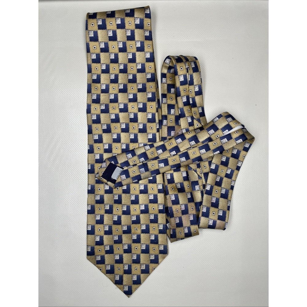 Pierre Cardin Cream Tie - Blue Silver Windows Pattern 100% Silk Vintage Necktie